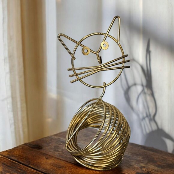 MCM Gold Brass Cat Letter Holder Coiled Wire Mail Organizer Card Keys‎ Holder - Picture 2 of 10